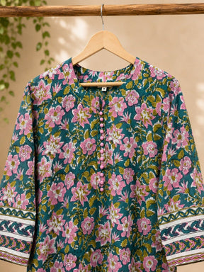Teal Garden Floral Hand Block Print Cotton Kurta - Tara-C-Tara
