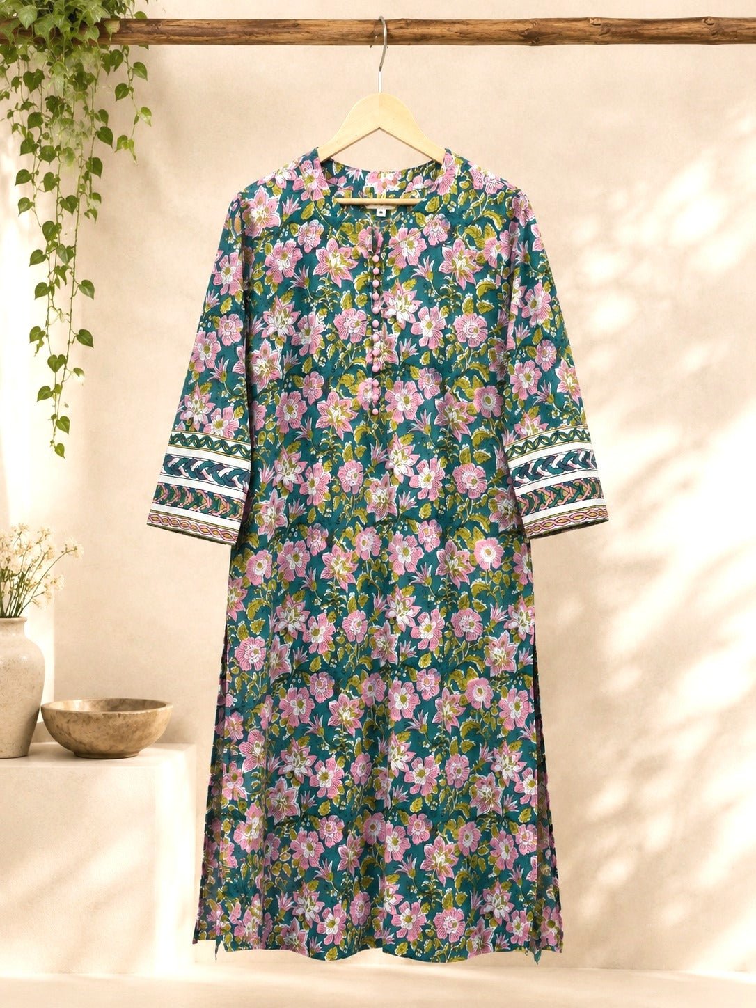Teal Garden Floral Hand Block Print Cotton Kurta - Tara-C-Tara