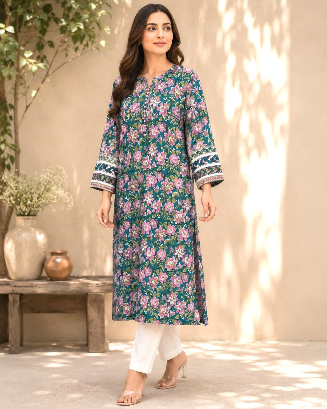 Teal Garden Floral Hand Block Print Cotton Kurta - Tara-C-Tara