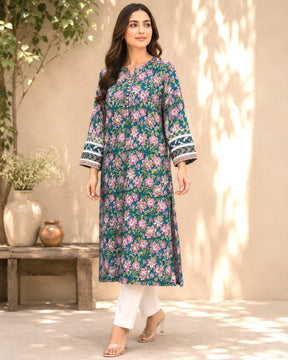 Teal Garden Floral Hand Block Print Cotton Kurta - Tara-C-Tara
