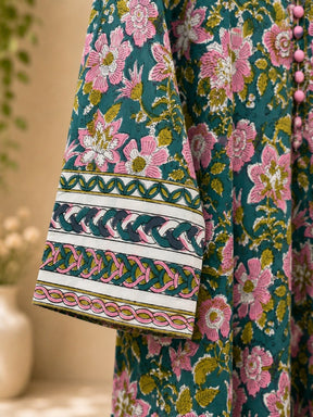 Teal Garden Floral Hand Block Print Cotton Kurta - Tara-C-Tara