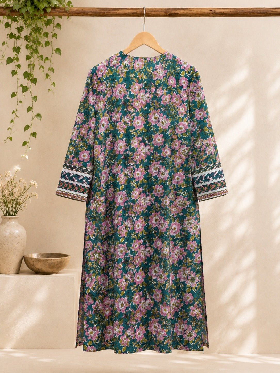 Teal Garden Floral Hand Block Print Cotton Kurta - Tara-C-Tara