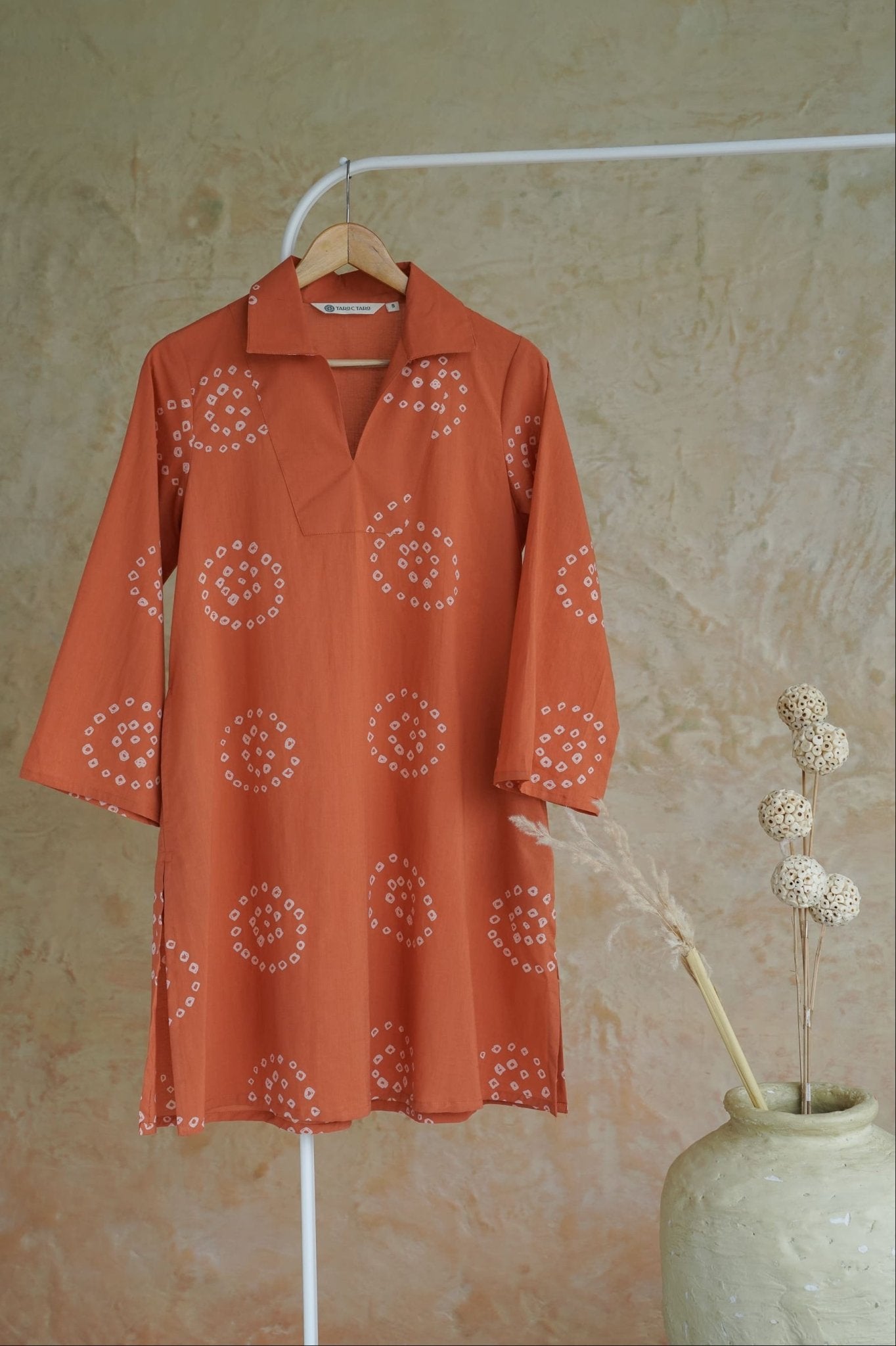 Terracotta Bandhej Hand Block Printed Short Kurta - Tara-C-Tara