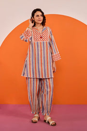 Terracotta & Indigo Stripe Hand Block Printed Co-ord Set