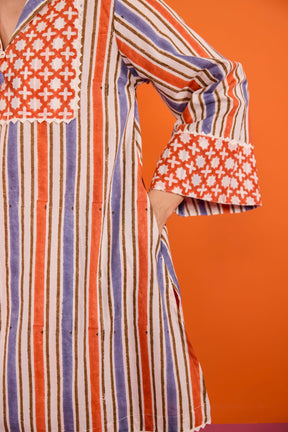 Terracotta & Indigo Stripe Hand Block Printed Co-ord Set - Tara-C-Tara