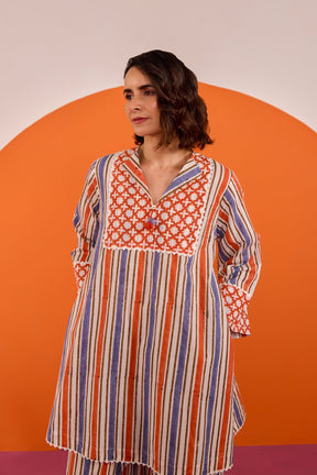 Terracotta & Indigo Stripe Hand Block Printed Co-ord Set - Tara-C-Tara