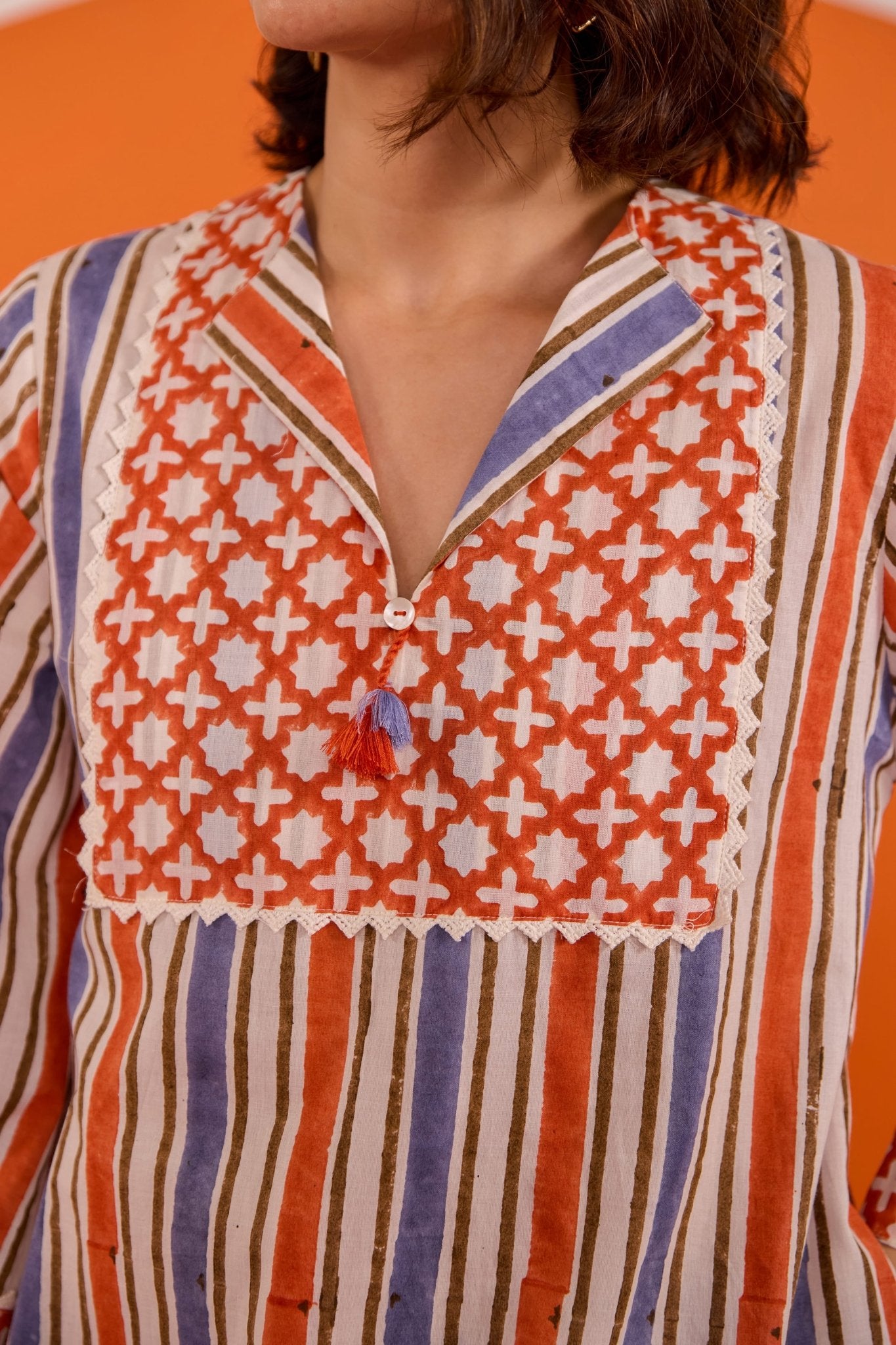 Terracotta & Indigo Stripe Hand Block Printed Co-ord Set - Tara-C-Tara