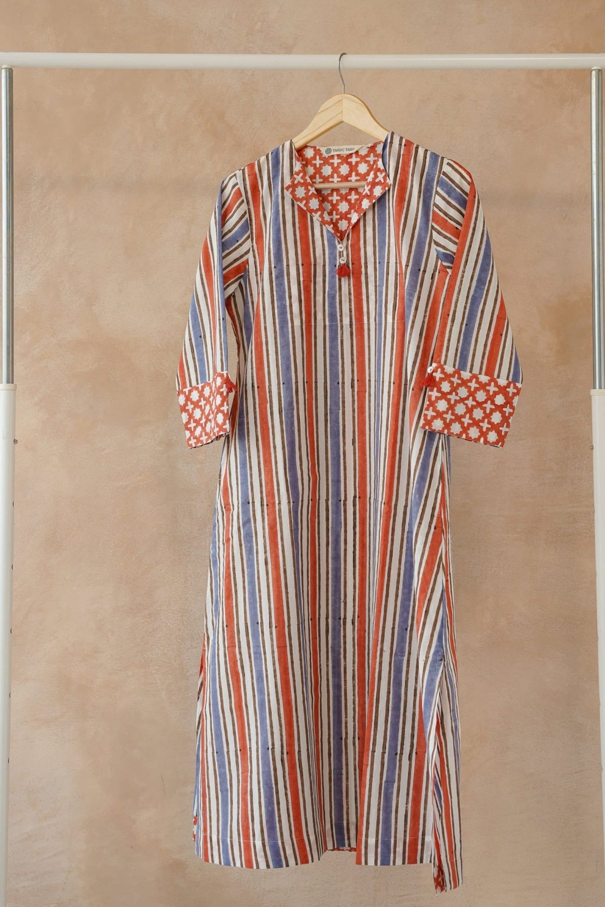 Terracotta & Indigo Stripe Hand Block Printed Kurta - Tara - C - Tara