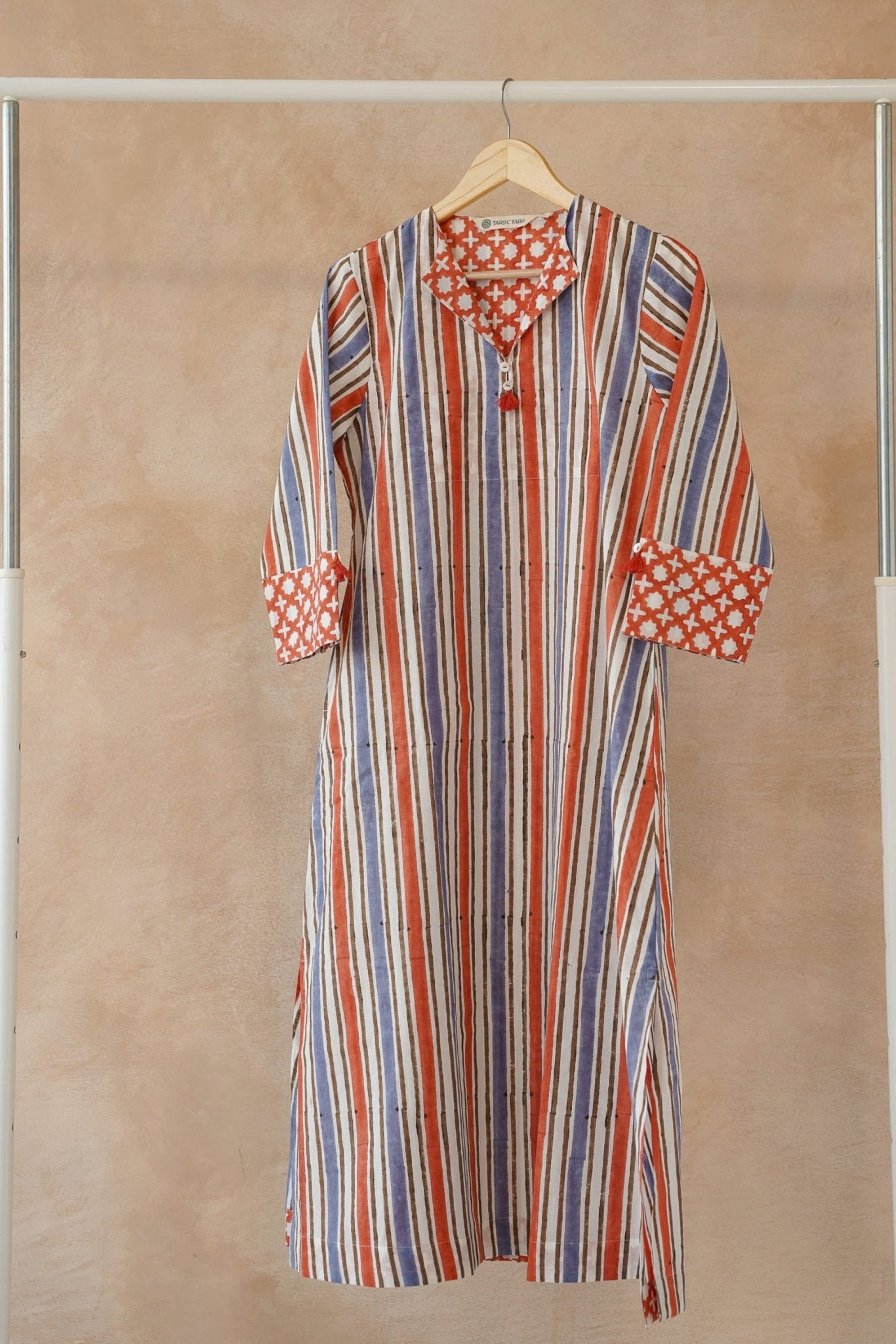 Terracotta & Indigo Stripe Hand Block Printed Kurta - Tara - C - Tara