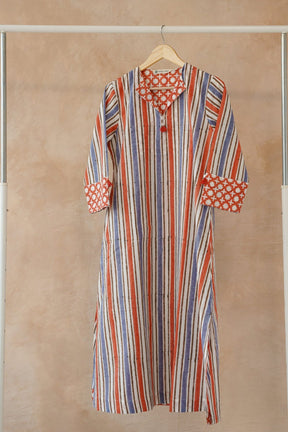 Terracotta & Indigo Stripe Hand Block Printed Kurta - Tara - C - Tara