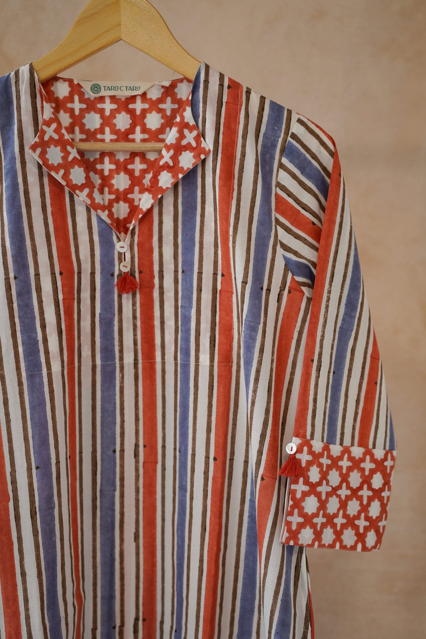 Terracotta & Indigo Stripe Hand Block Printed Kurta - Tara - C - Tara