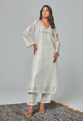 Timeless Allure: Off - White Chanderi Coord Set with Silver Embroidery - Tara - C - Tara