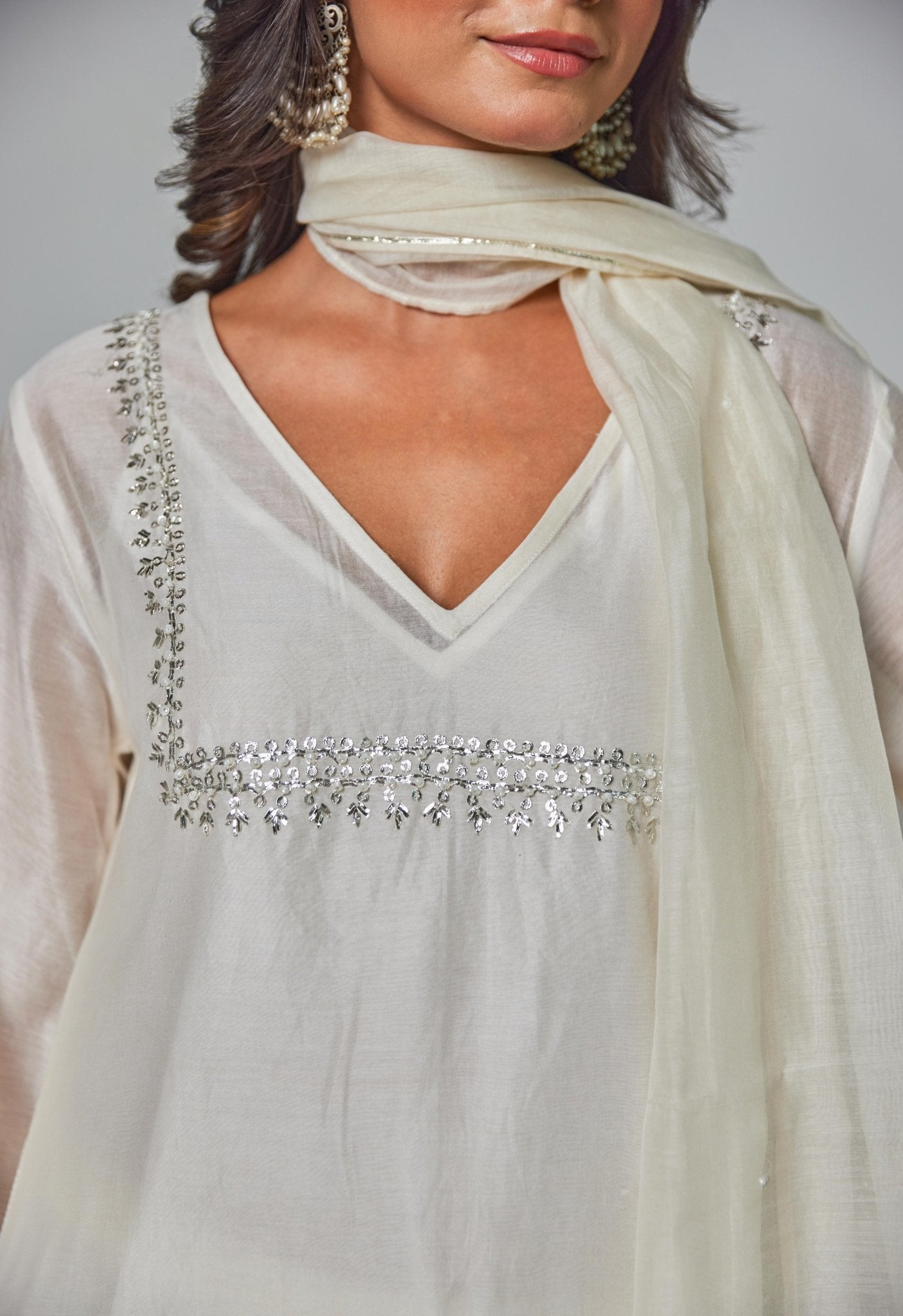 Timeless Allure: Off - White Chanderi Coord Set with Silver Embroidery - Tara - C - Tara