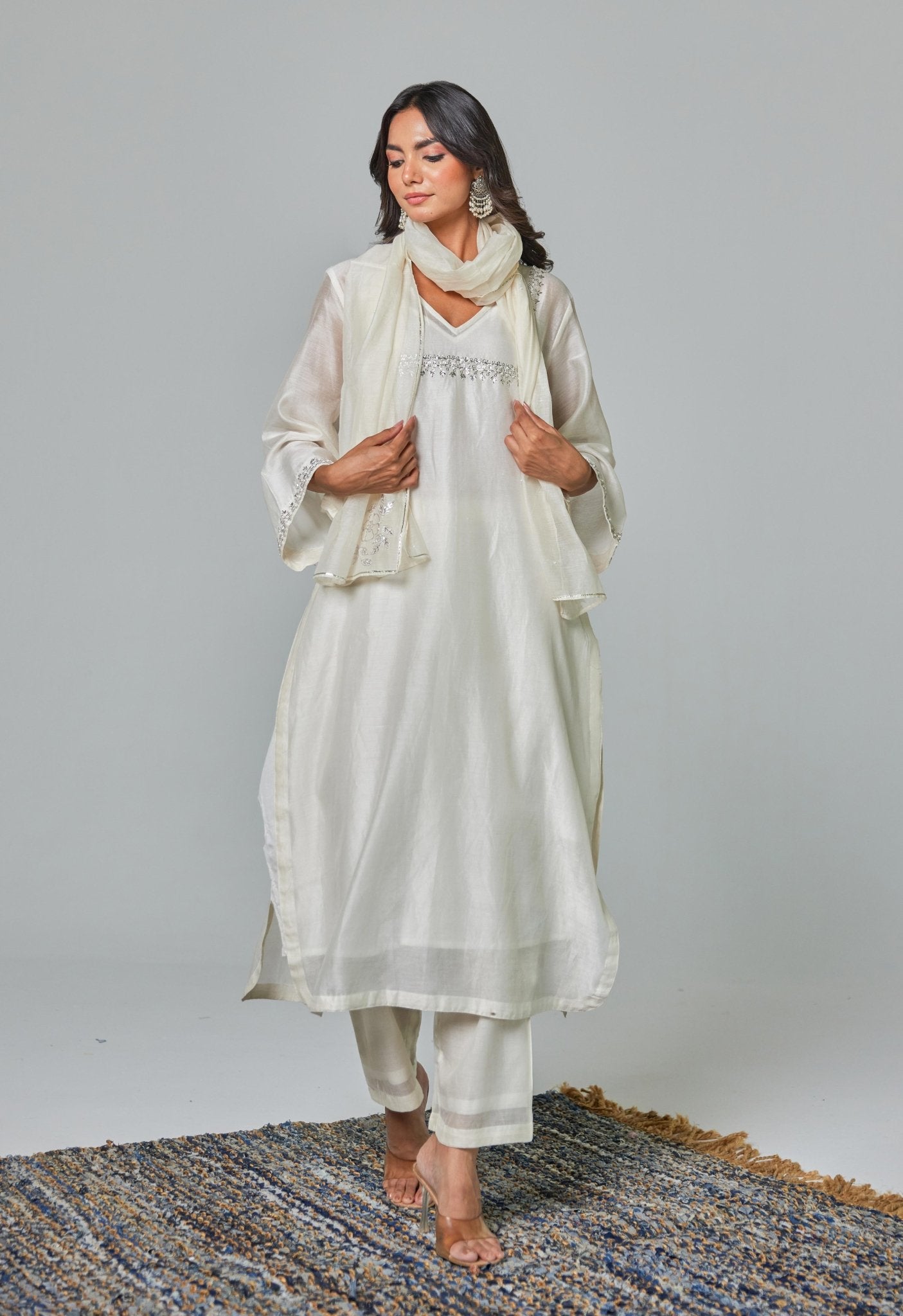 Timeless Allure: Off - White Chanderi Coord Set with Silver Embroidery - Tara - C - Tara