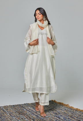 Timeless Allure: Off - White Chanderi Coord Set with Silver Embroidery - Tara - C - Tara