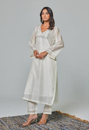 Timeless Allure: Off - White Chanderi Coord Set with Silver Embroidery - Tara - C - Tara