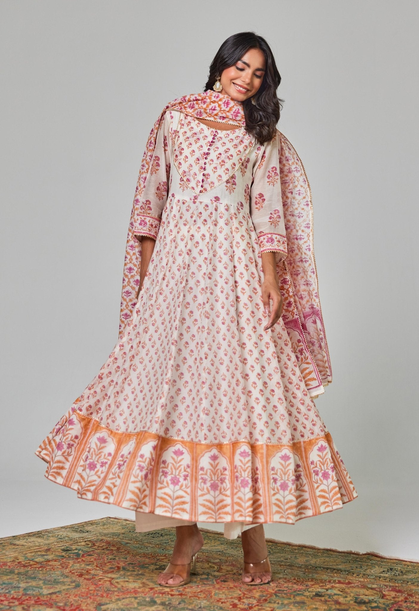 Timeless Elegance: White and Pink Handblock Anarkali with Kaaj Button Detail - Tara - C - Tara