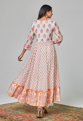 Timeless Elegance: White and Pink Handblock Anarkali with Kaaj Button Detail - Tara - C - Tara