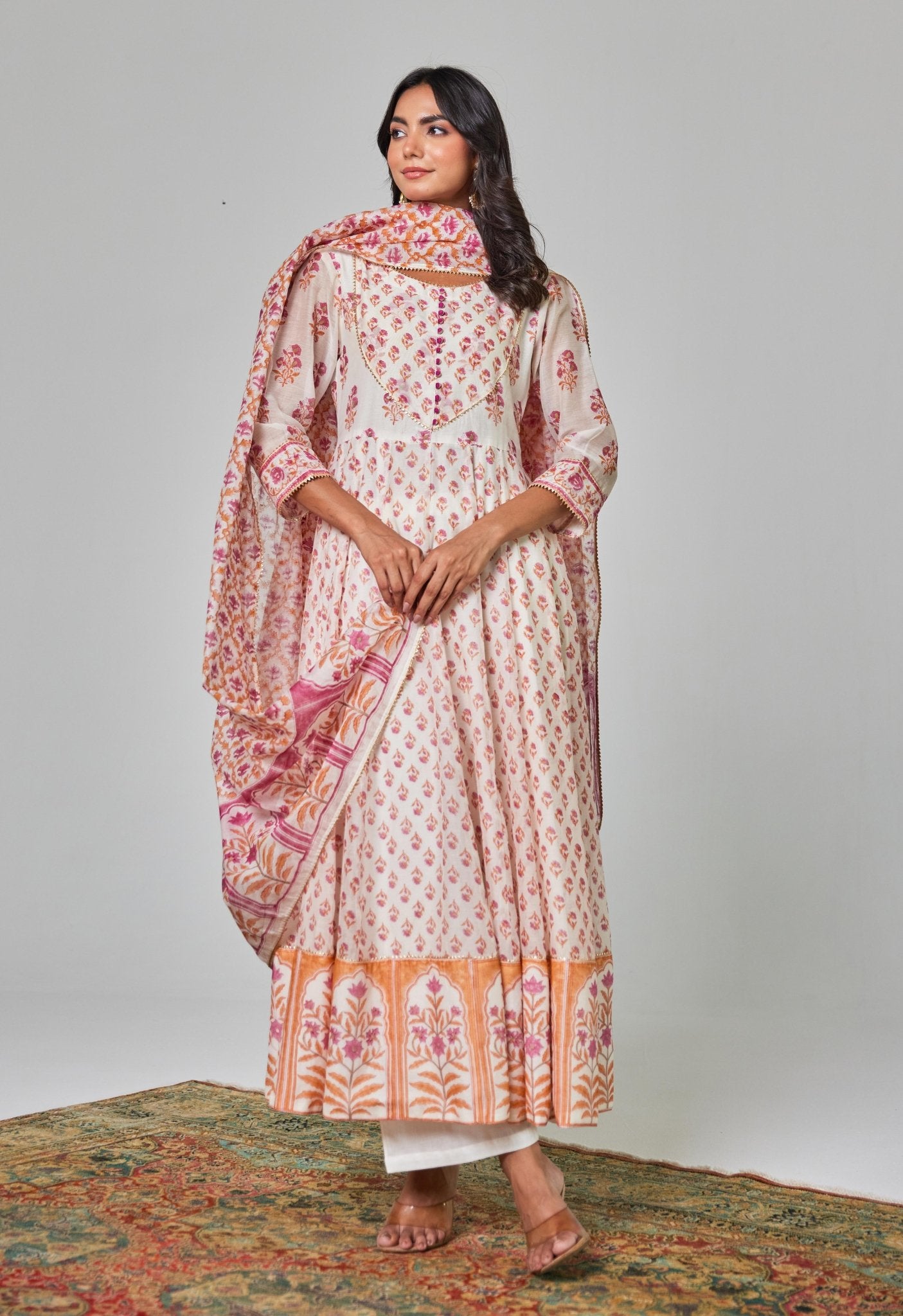 Timeless Elegance: White and Pink Handblock Anarkali with Kaaj Button Detail - Tara - C - Tara