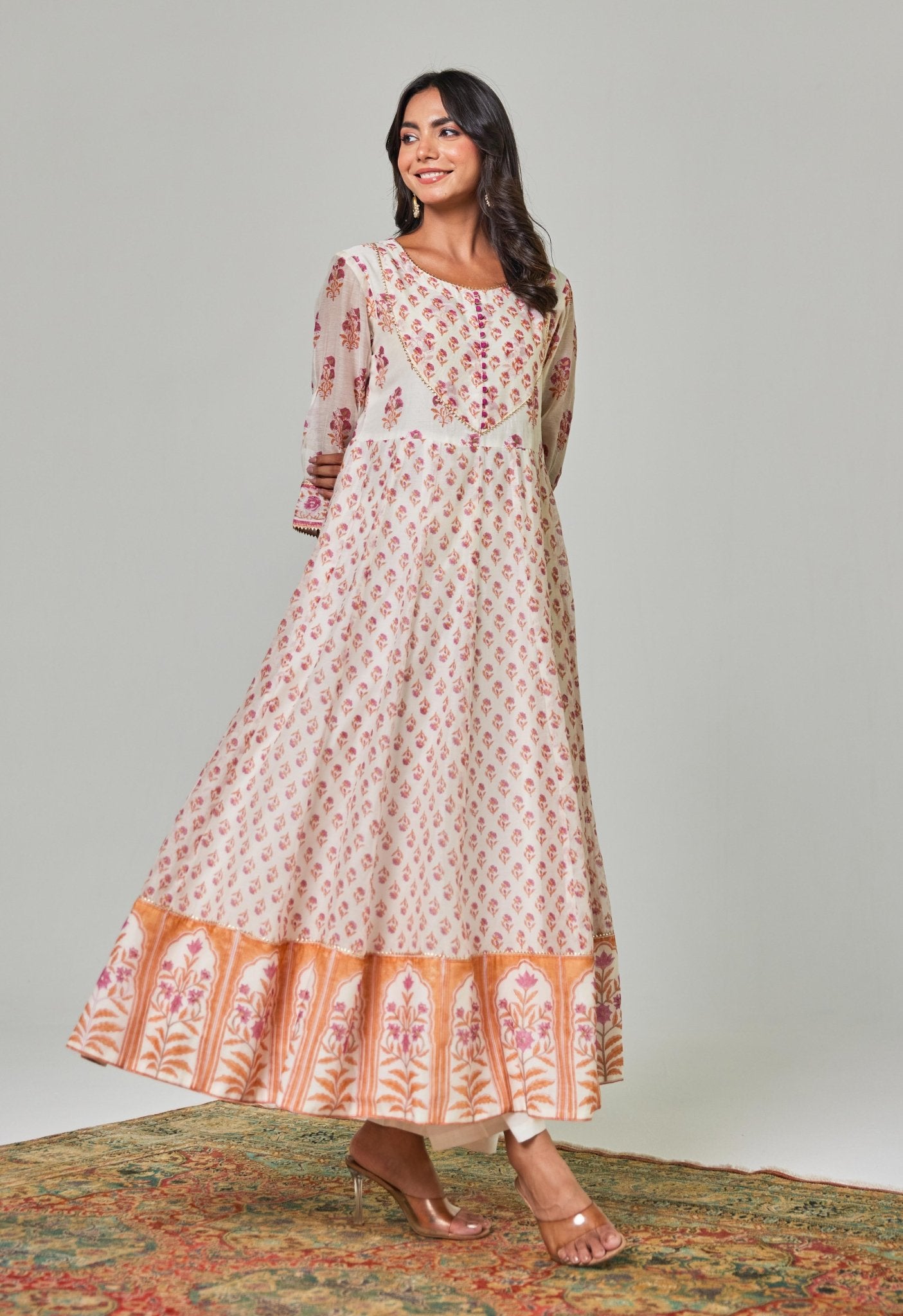 Timeless Elegance: White and Pink Handblock Anarkali with Kaaj Button Detail - Tara - C - Tara