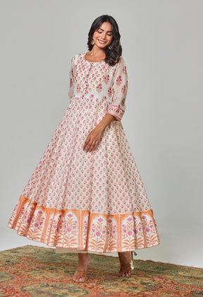 Timeless Elegance: White and Pink Handblock Anarkali with Kaaj Button Detail - Tara - C - Tara