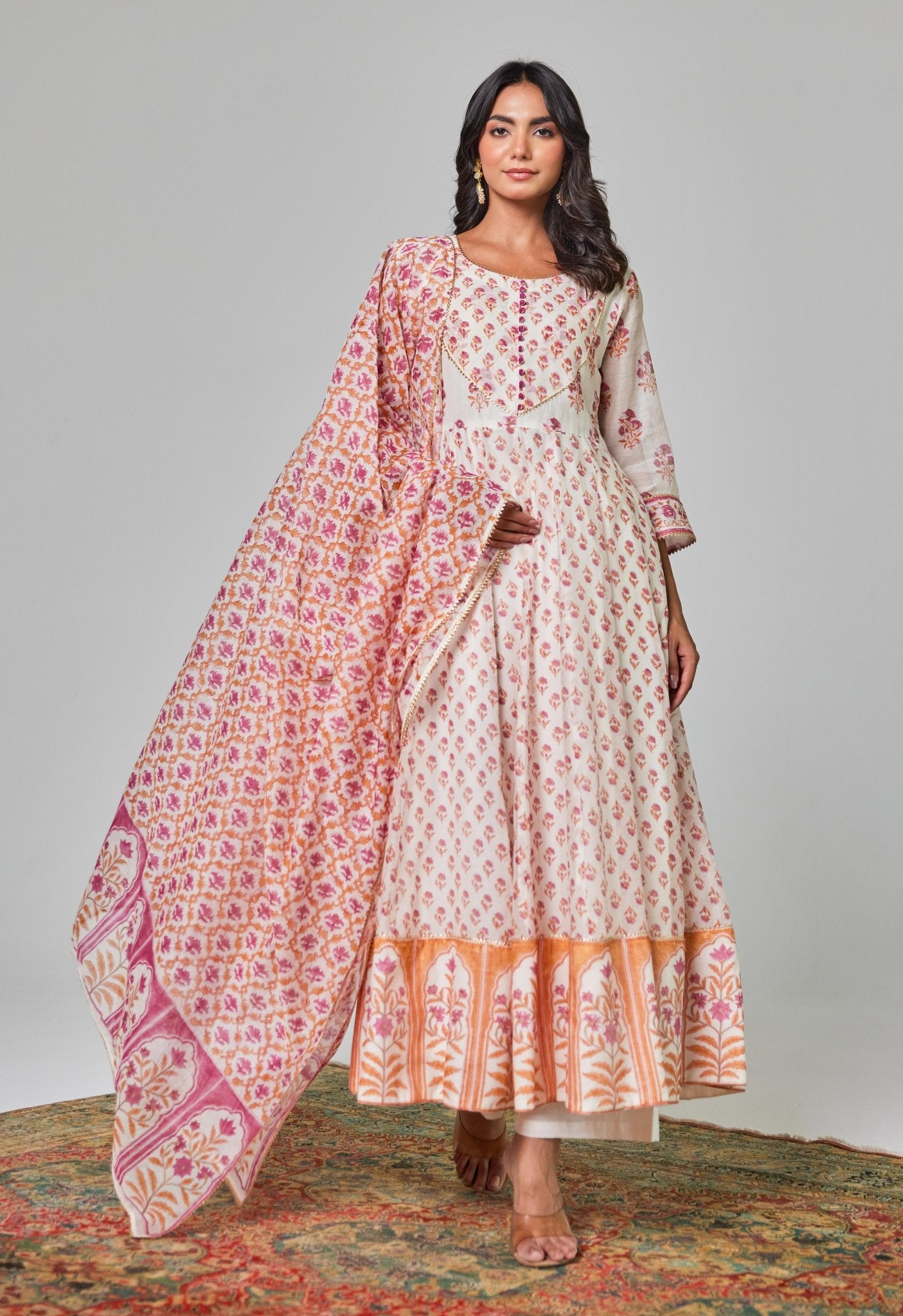 Timeless Elegance: White and Pink Handblock Anarkali with Kaaj Button Detail - Tara - C - Tara