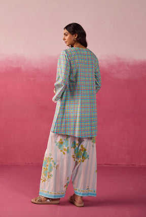 Turquoise Checks & Floral Printed Farsi Salwar Co - ord Set - Tara - C - Tara