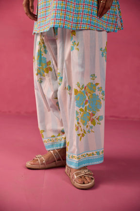 Turquoise Checks & Floral Printed Farsi Salwar Co - ord Set - Tara - C - Tara