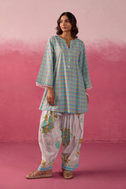 Turquoise Checks & Floral Printed Farsi Salwar Co-ord Set