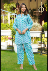 TURQUOISE FLORAL BOOTI HAND BLOCK PRINTED CO-ORD SET (2PC) - Tara-C-Tara