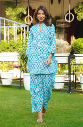 TURQUOISE FLORAL BOOTI HAND BLOCK PRINTED CO - ORD SET (2PC) - Tara - C - Tara