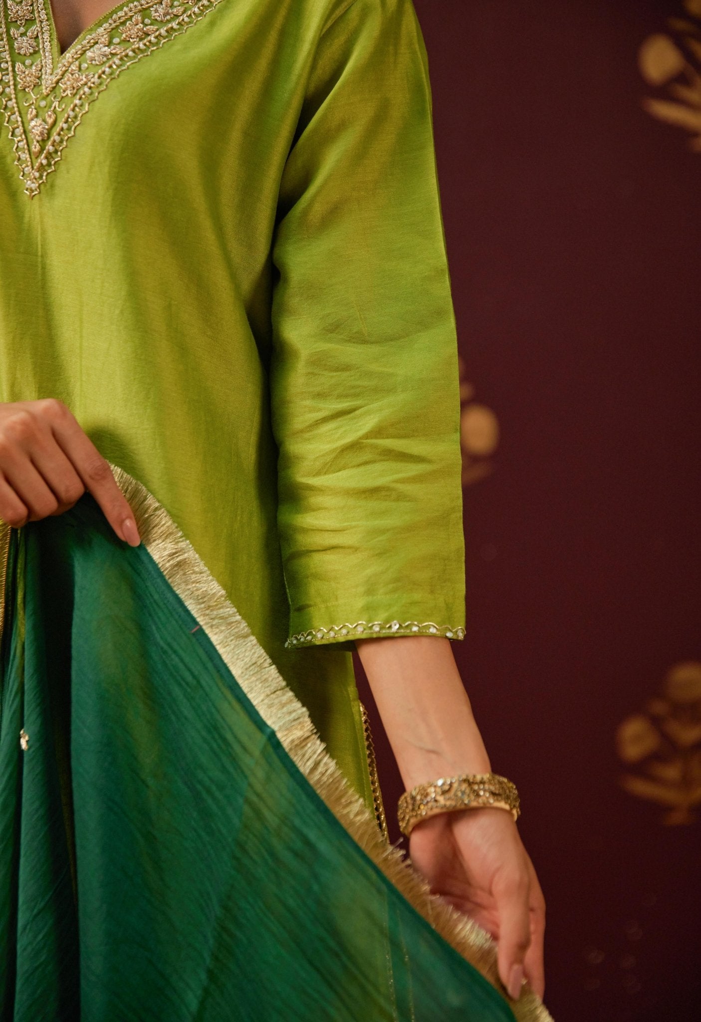 Verdant Elegance: Hand - Embroidered Chanderi Suit Set with Lace - Trimmed Contrast Dupatta - Tara - C - Tara