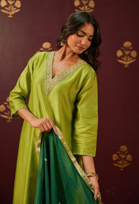 Verdant Elegance: Hand - Embroidered Chanderi Suit Set with Lace - Trimmed Contrast Dupatta - Tara - C - Tara