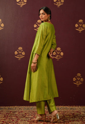 Verdant Elegance: Hand - Embroidered Chanderi Suit Set with Lace - Trimmed Contrast Dupatta - Tara - C - Tara