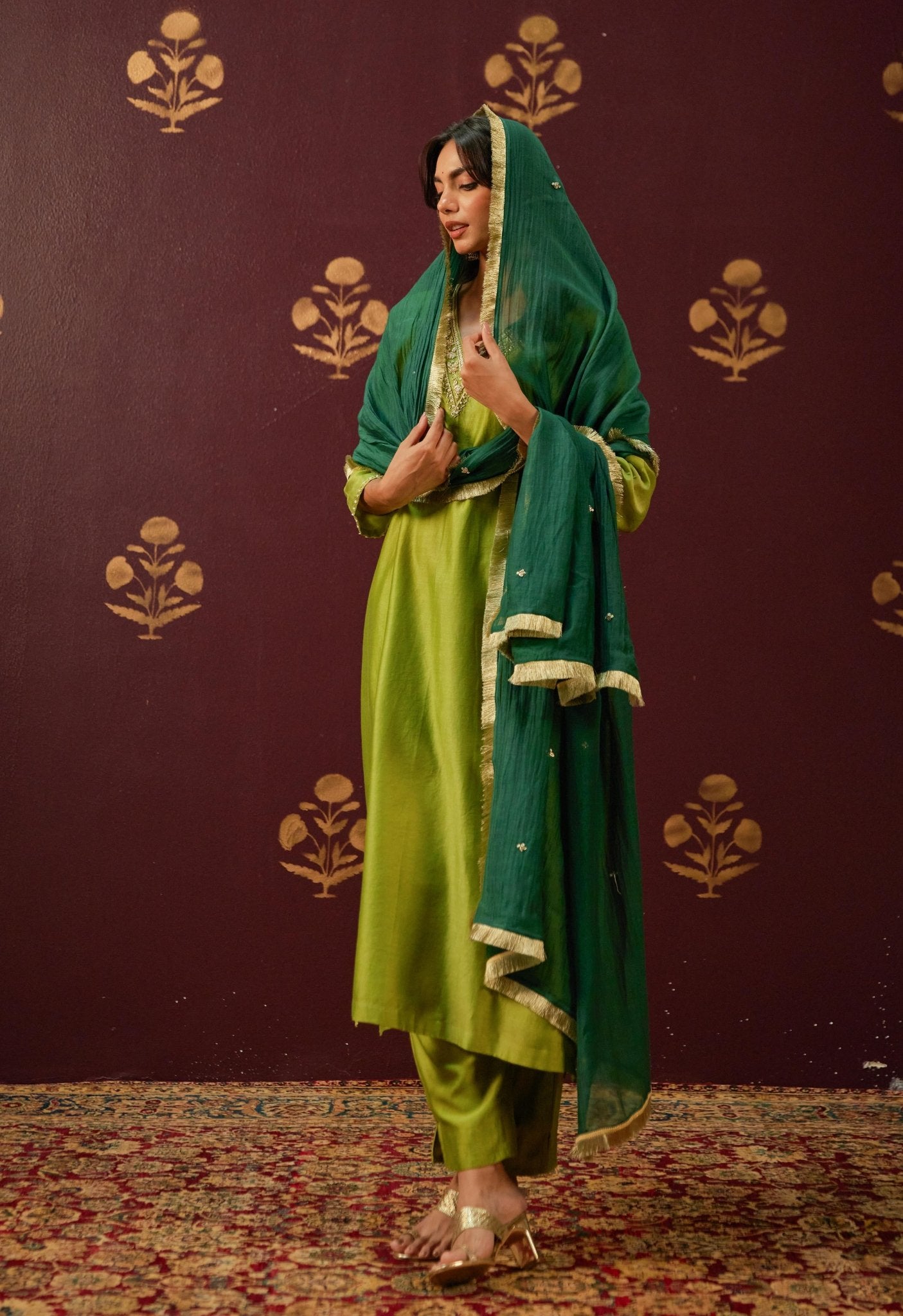 Verdant Elegance: Hand - Embroidered Chanderi Suit Set with Lace - Trimmed Contrast Dupatta - Tara - C - Tara