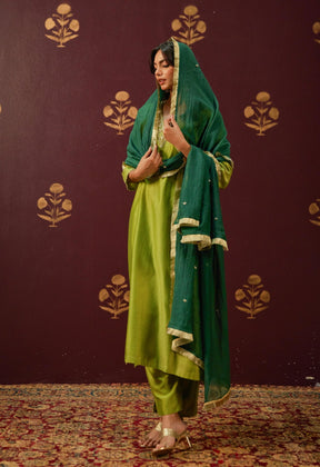 Verdant Elegance: Hand - Embroidered Chanderi Suit Set with Lace - Trimmed Contrast Dupatta - Tara - C - Tara