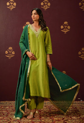 Verdant Elegance: Hand - Embroidered Chanderi Suit Set with Lace - Trimmed Contrast Dupatta - Tara - C - Tara