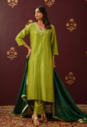 Verdant Elegance: Hand - Embroidered Chanderi Suit Set with Lace - Trimmed Contrast Dupatta - Tara - C - Tara