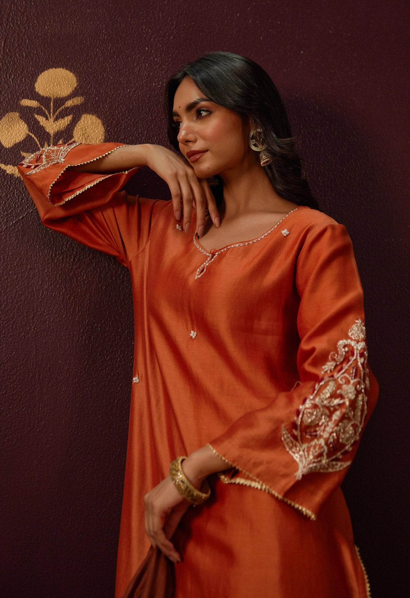 Vibrant Rust Elegance: Cut Dana Work Suit Set with Hand Embroidery and Lace Details" - Tara - C - Tara