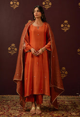 Vibrant Rust Elegance: Cut Dana Work Suit Set with Hand Embroidery and Lace Details" - Tara - C - Tara