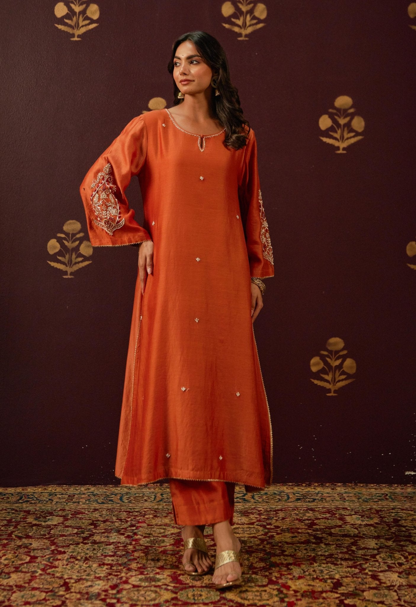 Vibrant Rust Elegance: Cut Dana Work Suit Set with Hand Embroidery and Lace Details" - Tara - C - Tara