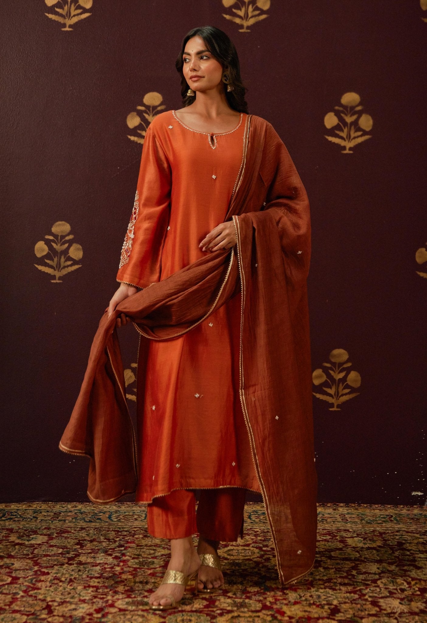 Vibrant Rust Elegance: Cut Dana Work Suit Set with Hand Embroidery and Lace Details" - Tara - C - Tara