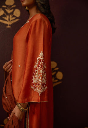 Vibrant Rust Elegance: Cut Dana Work Suit Set with Hand Embroidery and Lace Details" - Tara - C - Tara