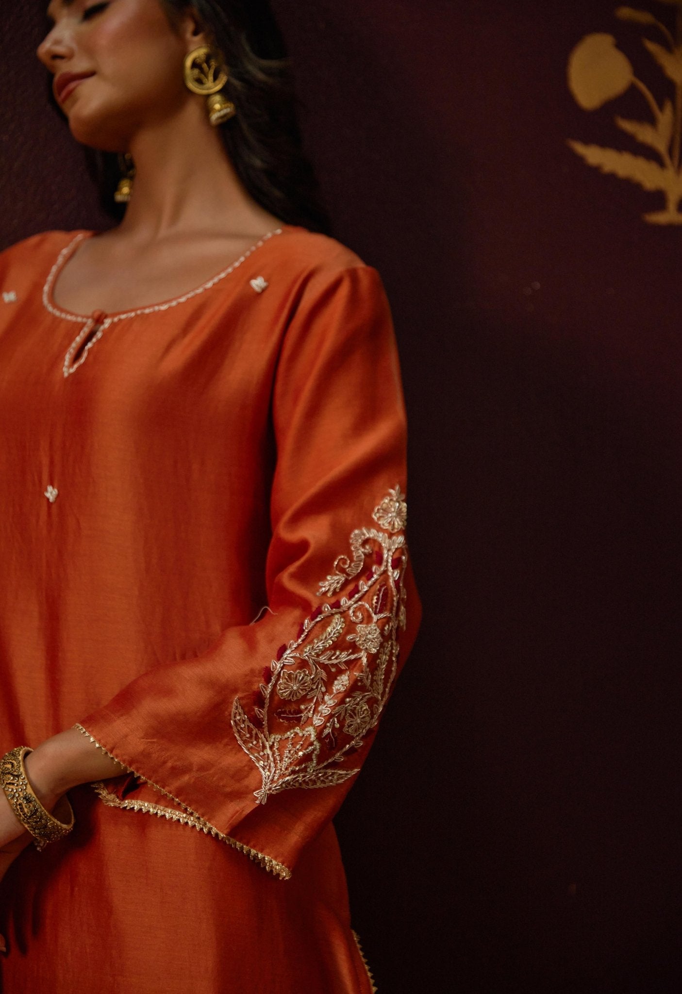 Vibrant Rust Elegance: Cut Dana Work Suit Set with Hand Embroidery and Lace Details" - Tara - C - Tara