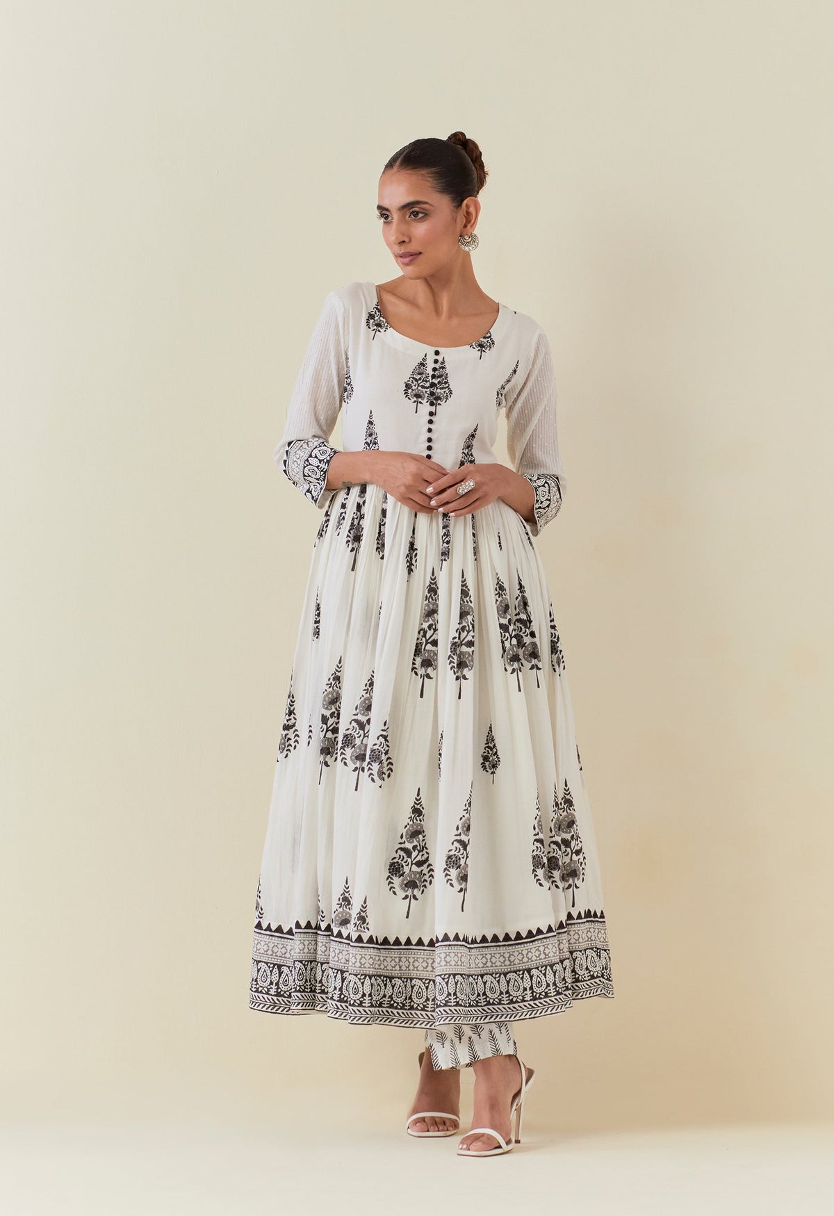 WHITE AND BLACK HAND BLOCK PRINTED ANARKALI WITH DORIYA DUPATTA AND BOTTOMS - Tara - C - Tara