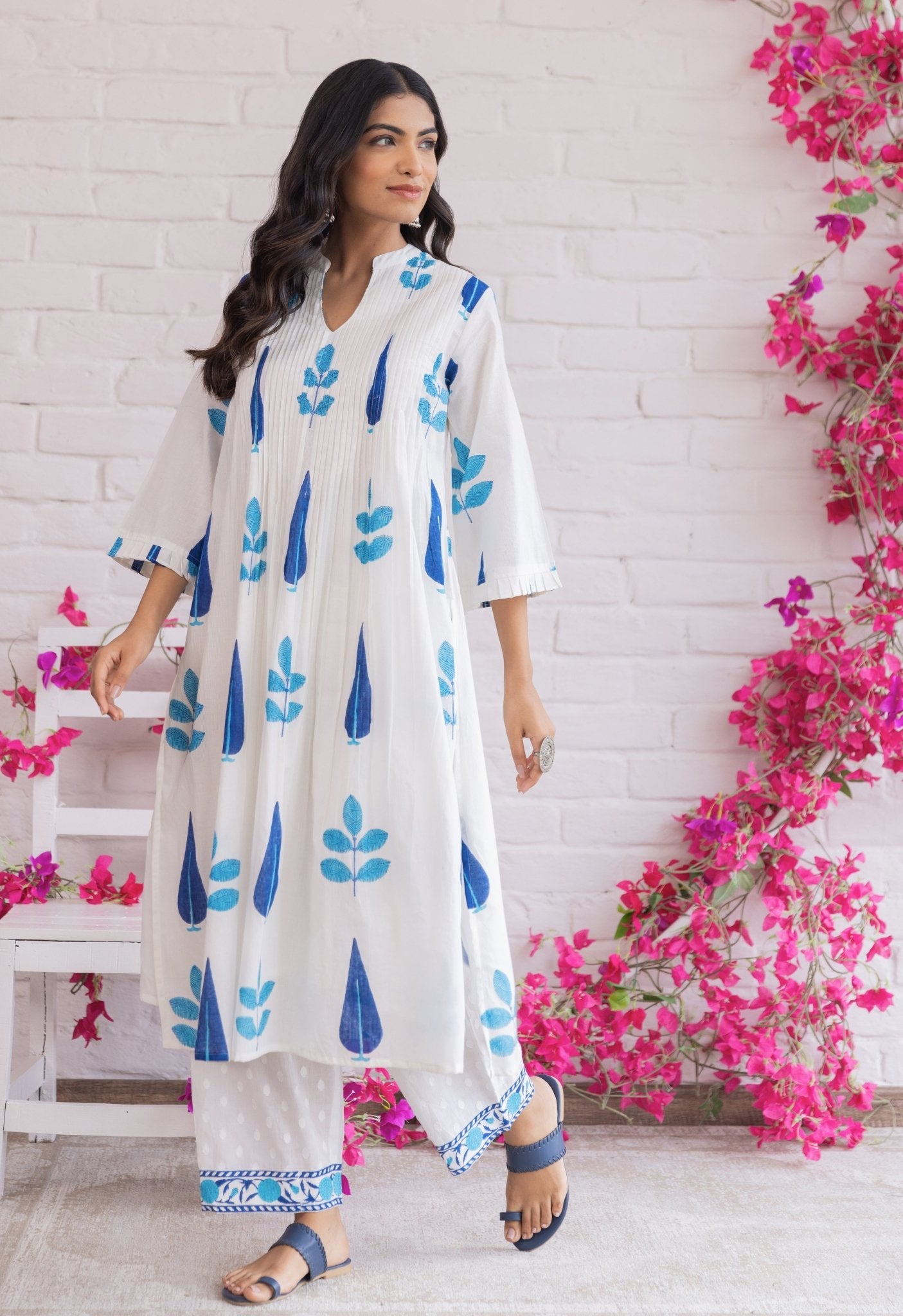 WHITE AND BLUE HAND BLOCK PRINTED KURTA WITH BOTTOMS - Tara - C - Tara