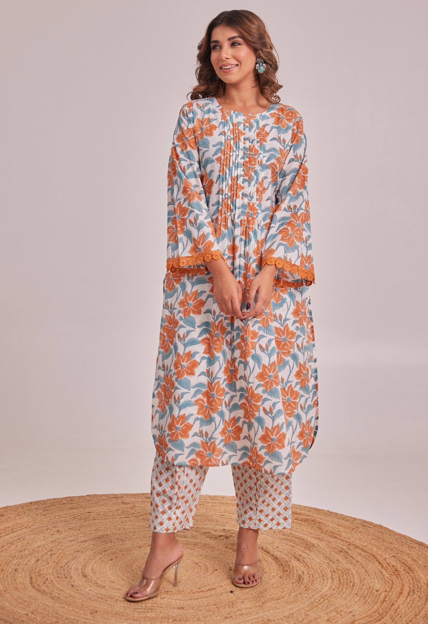 White And Orange Floral hand Block Printed Coord Set - Tara - C - Tara