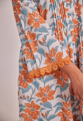 White And Orange Floral hand Block Printed Coord Set - Tara - C - Tara