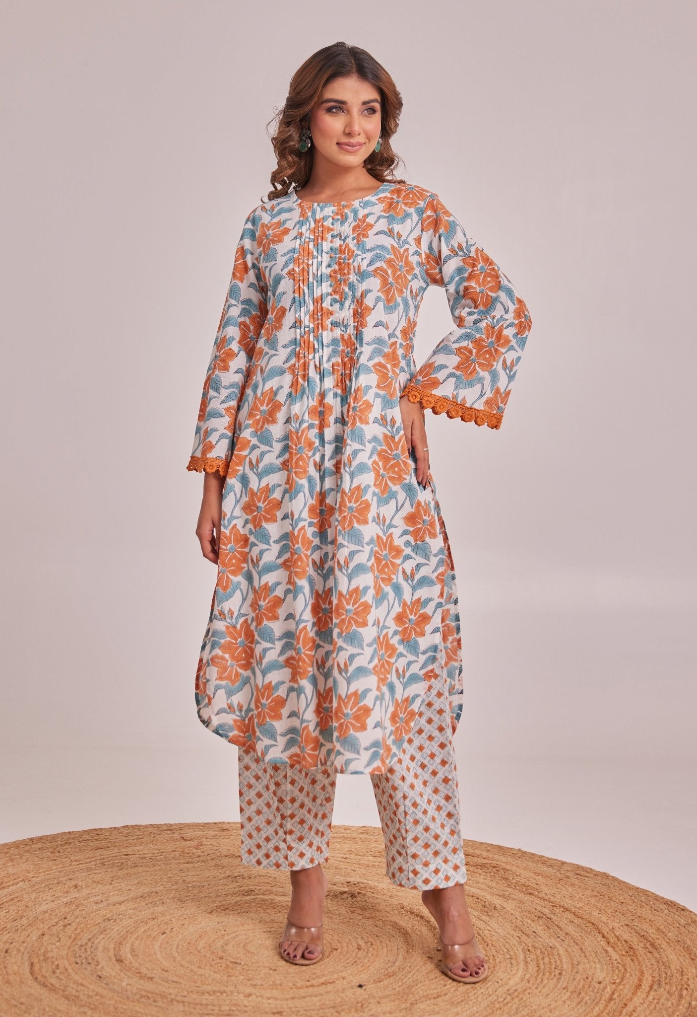 White And Orange Floral hand Block Printed Coord Set - Tara - C - Tara