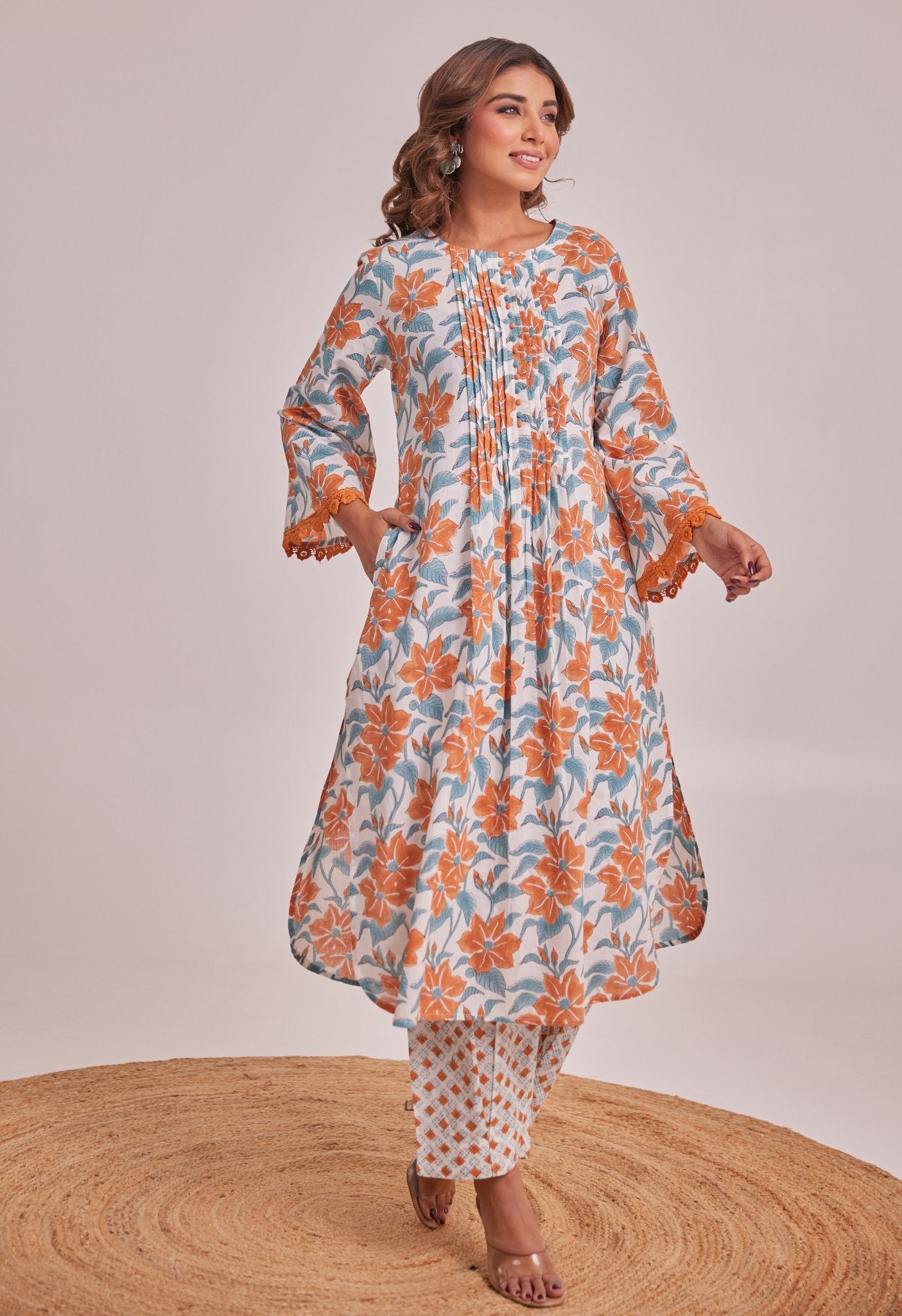 White And Orange Floral hand Block Printed Coord Set - Tara - C - Tara